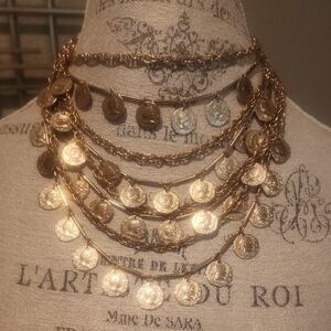 Vintage Multi Row Coins Chains Necklace Gold Tone Adjustable Length